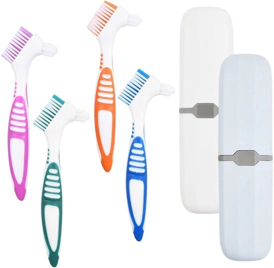 Kit di pulizia per protesi dentale 4 in 1, portatile, set di spazzole per protesi dentale con contenitore, set di spazzole a strati con testa doppia per pulizia