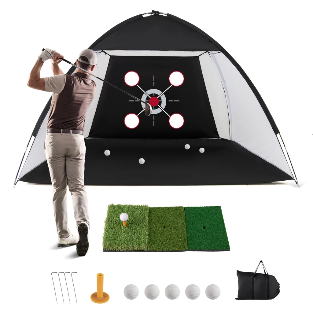 Rete da golf da allenamento con bersaglio 5 palline 3 tee tappetino pieghevole tri-turf 4 picchetti, Rete pratica da golf