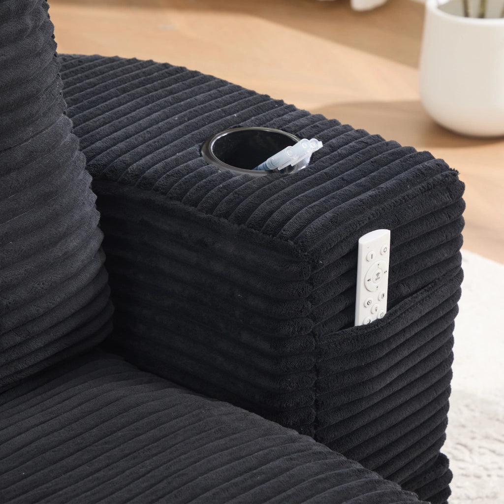 Poltrona letto 2 in 1 in corduroy nero, seduta extra profonda con schienale alto, doppi portabevande e tasche laterali