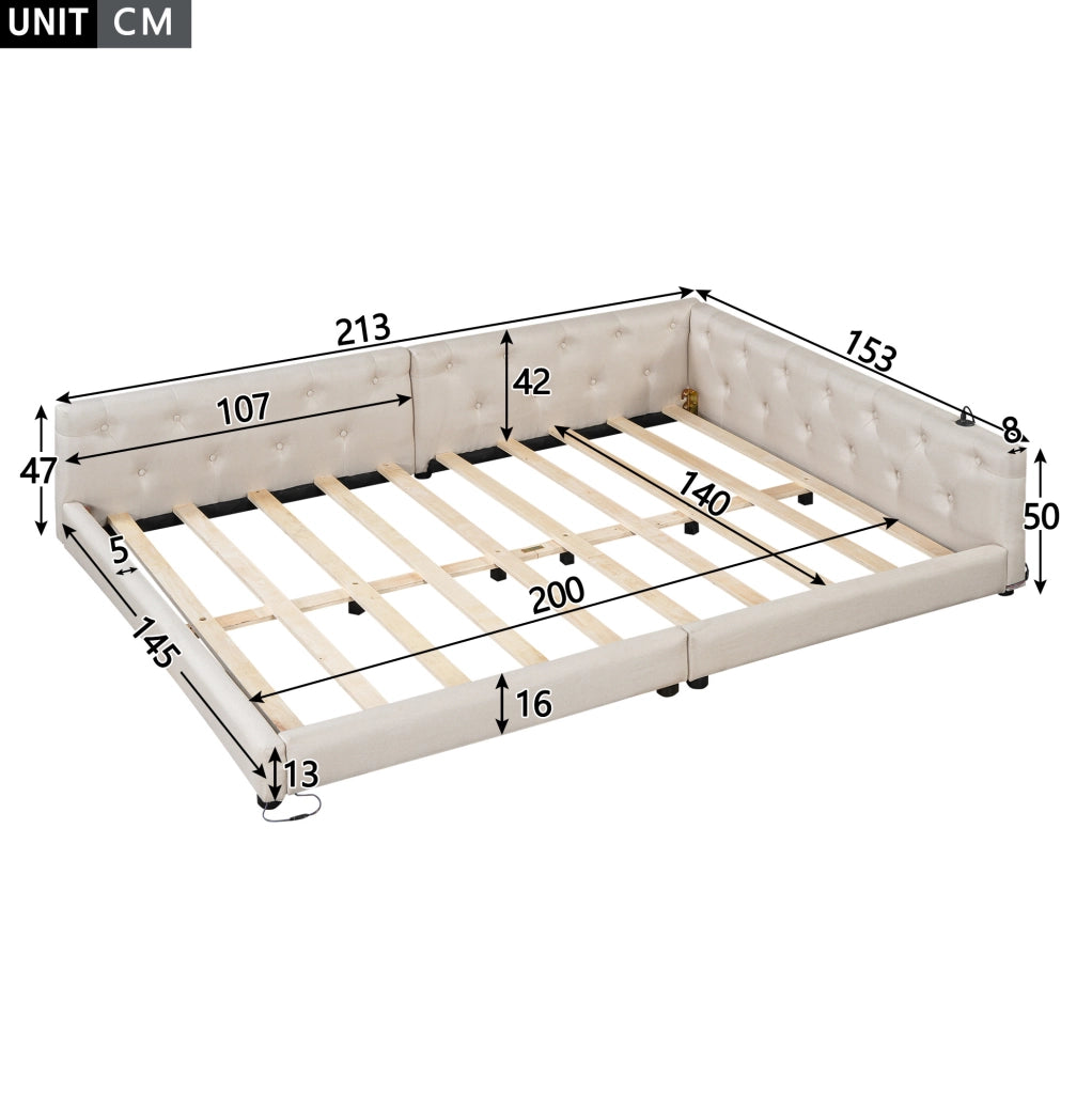 Letto 140x200 cm con LED; USB e Type-C in lino beige