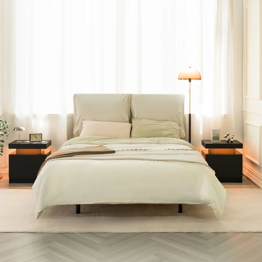 Comodino con LED multicolore, 2 cassetti e vano aperto, per camera da letto e soggiorno, nero, in legno ingegnerizzato