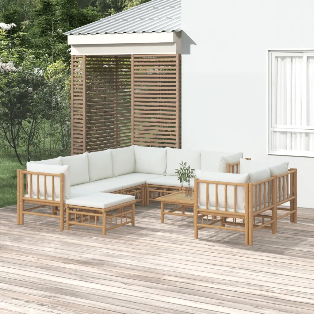 Set Salotto da Giardino 10pz con Cuscini Bianco Crema in Bambù 3155192