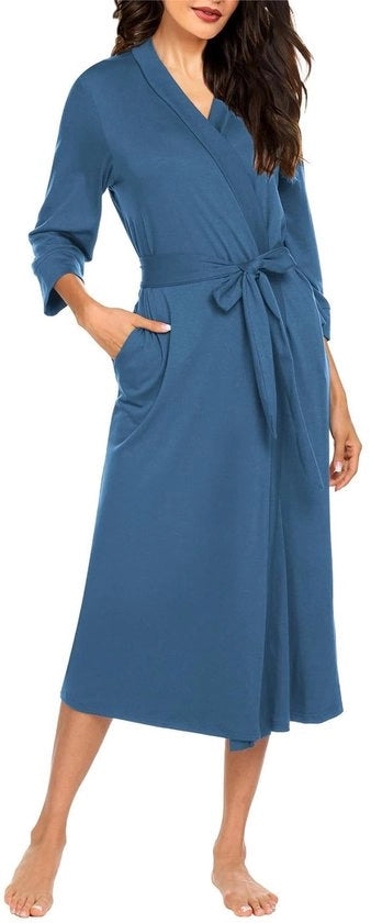 Kimono maxi donna lungo chiaro in lana soffice per sauna, donkerblauw.