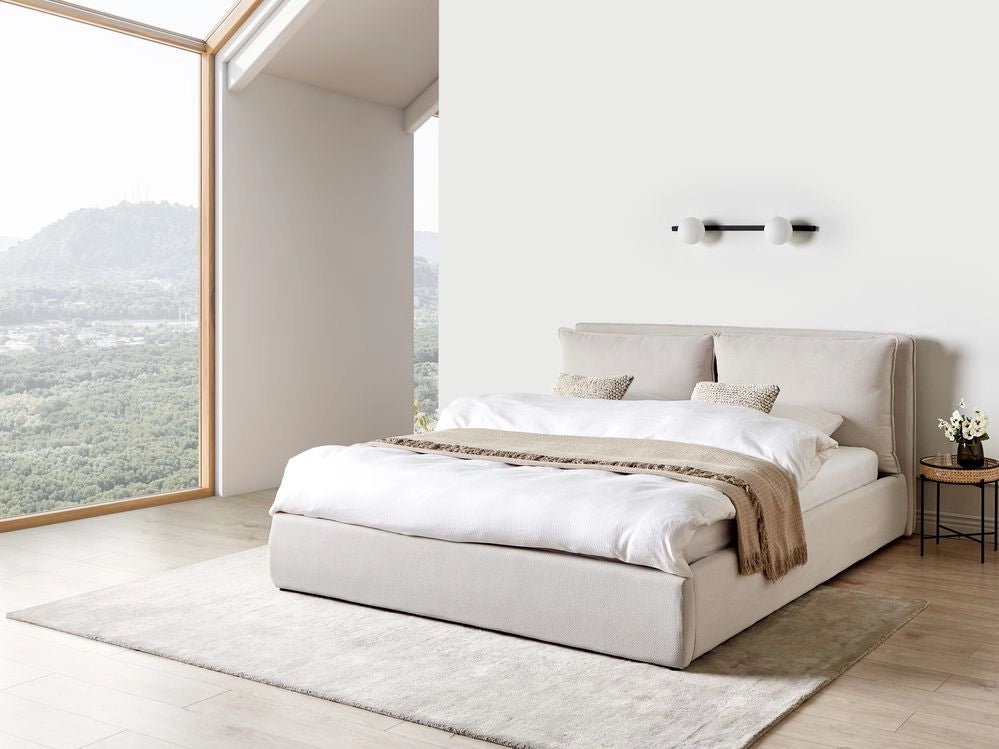 Letto matrimoniale in tessuto beige chiaro con contenitore 180 x 200 cm camera da letto moderna