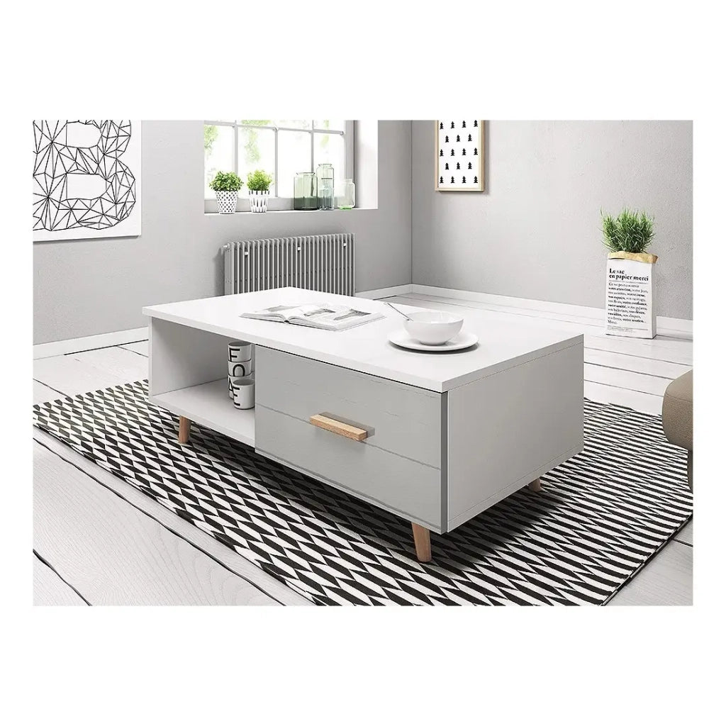 Table bassa EDEN 110 cm – 1 cassetto e 1 nicchia – Bianco e grigio