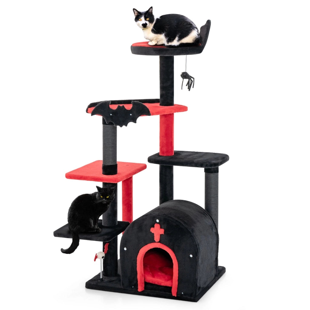 Tiragraffi con letto per gatti condominio ad arco di attivit¨¤ per gatti a 6 livelli-Albero per gatti gotico per gatti di halloween Nero e rosso