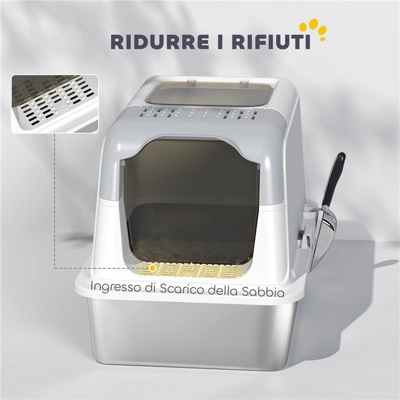 LETTIERA PER GATTI CHIUSA A 2 INGRESSI CON DEODORANTE E PALETTA, 60.4X40.4X41.8 CM, BIANCO E GRIGIO