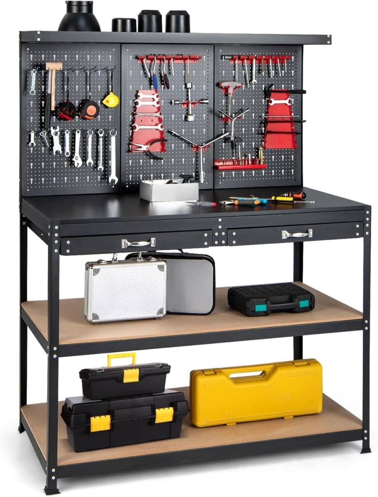 Banco da Lavoro con Pannello a Chiodi, Tavolo da Officina con Cassetti, Ripiani e 25 Accessori Appendibili, Carico Massimo 435 kg, per Garage, Casa, Officina e Magazzino
