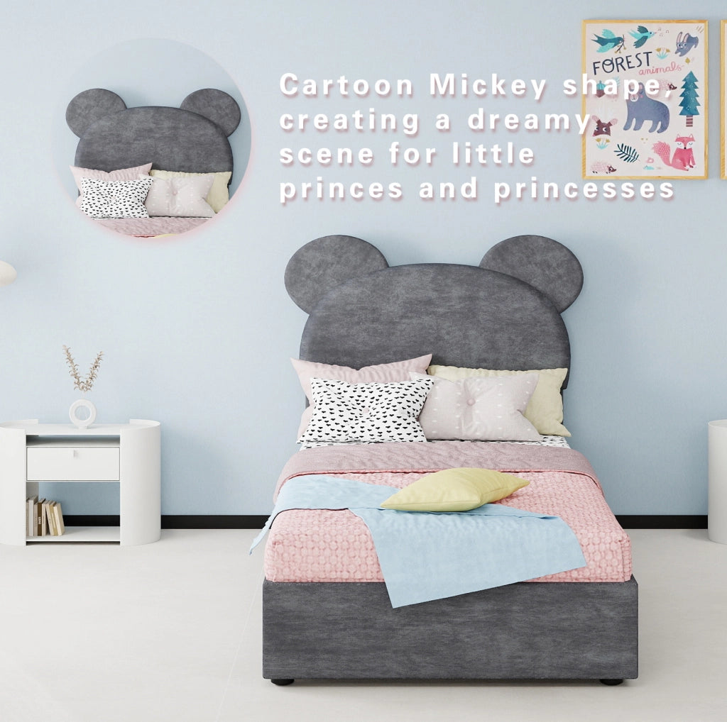 Letto imbottito 90x200 cm con testiera cartoon e contenitore a sollevamento, grigio