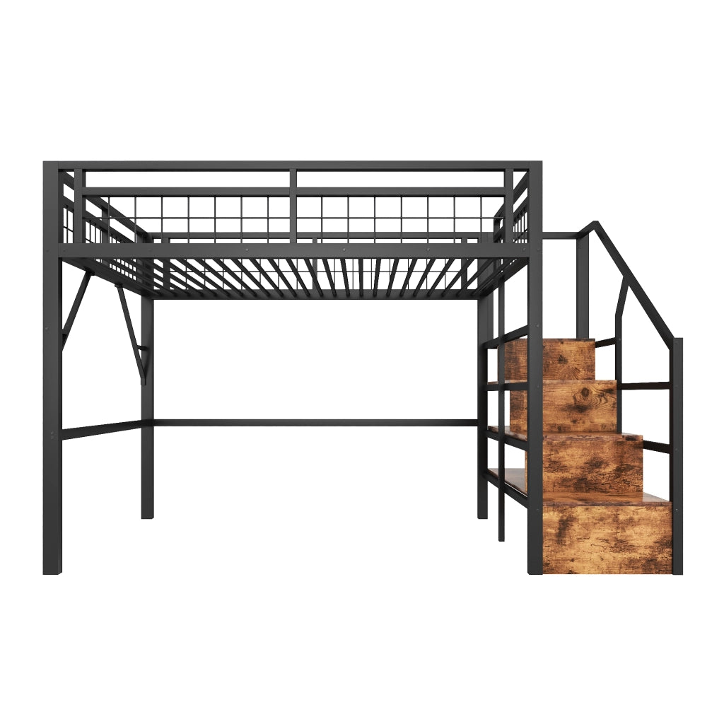 OKWISH Letto a soppalco 140×200 cm, Letto matrimoniale con LED regolabile, Scala con contenitore e spazio libero, senza materasso, Nero