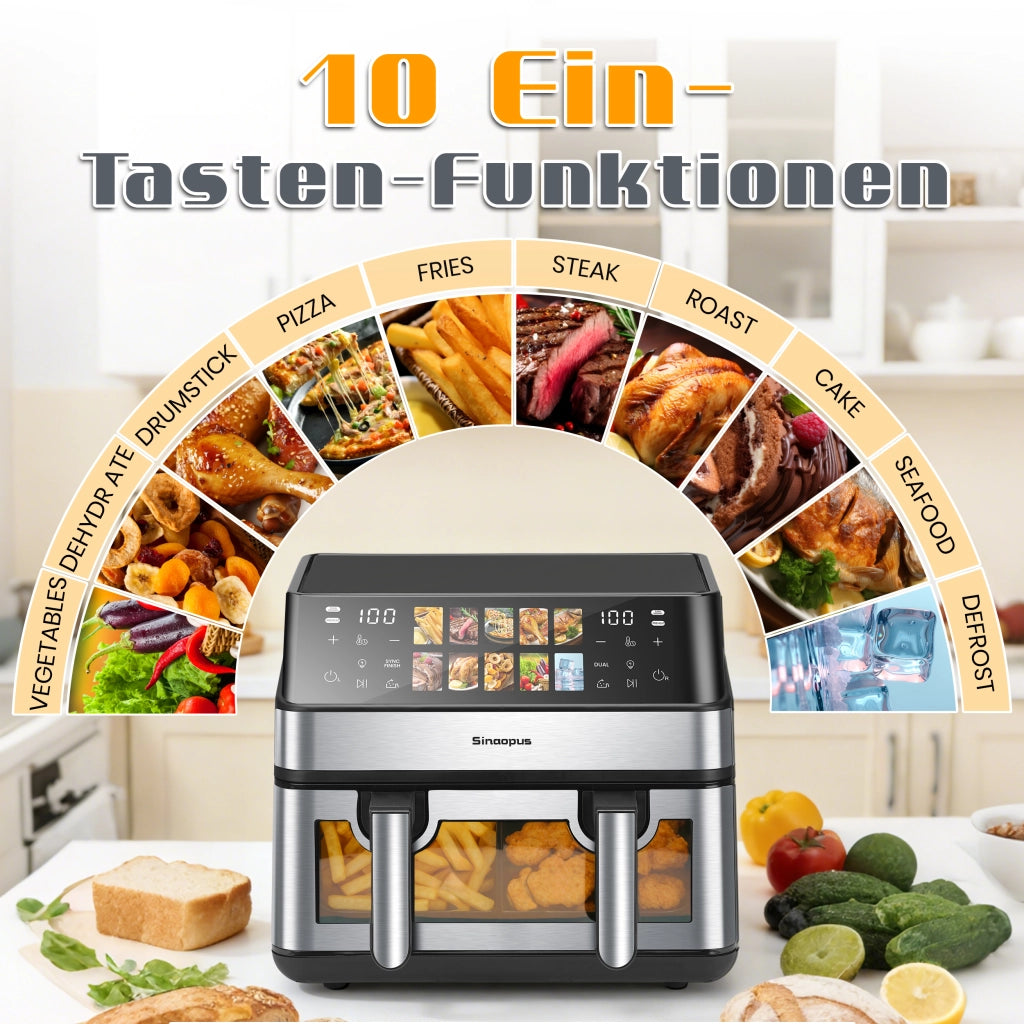 Friggitrice ad aria a doppia camera con obl¨°, 10 programmi di cottura, friggitrice senza olio, forno ad aria calda con touchscreen, friggitrice ad ari