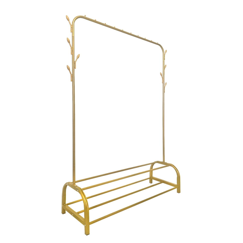 Appendiabiti Donkey Premium Rack a 2 supporti Nyana Home 158x110x39 cm, 1 barra appendiabiti, 8 ganci laterali, 2 ripiani inferiori Oro.
