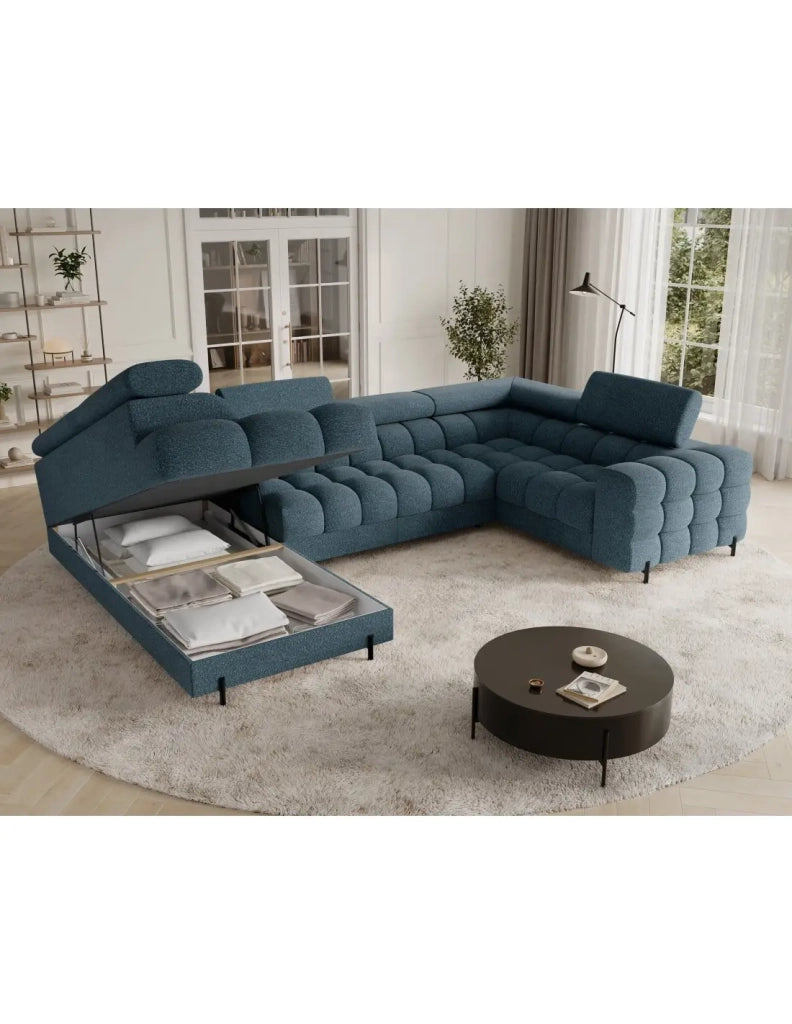 Divano panoramico convertibile FACTORY 3 posti blu melange – angolo sinistro con contenitore