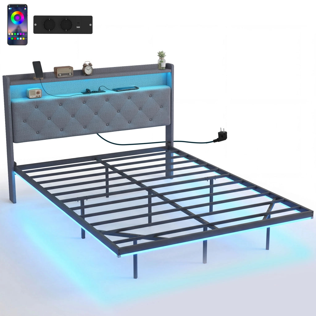 Letto Matrimoniale con Luci LED e Stazione di Ricarica ¨C Zephmum ¨C Grigio 140x190 cm