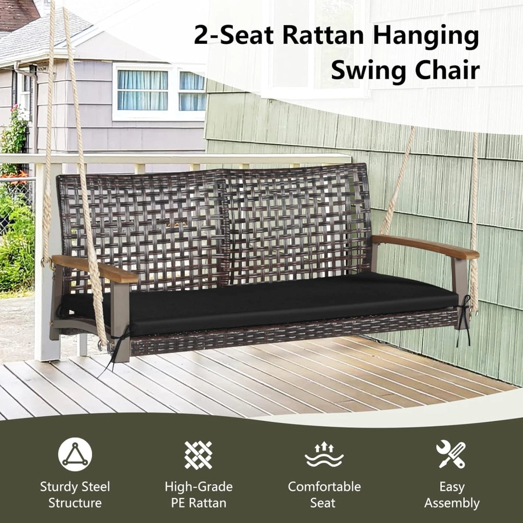 Porch Swing in Vimini PE a 2 Posti, Altalena da Esterno con Morbido Cuscino Sedile e Cordami Appendiabili, Capacità di Carico di 360 KG, Adatta per Cortile, Giardino, Portico (Nero)