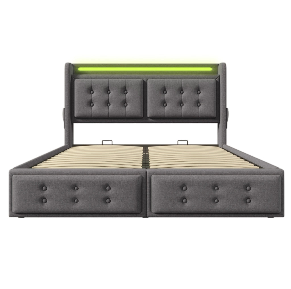 Letto matrimoniale imbottito ULEVR 180x200 cm con contenitore, LED, prese USB e Type-C, grigio