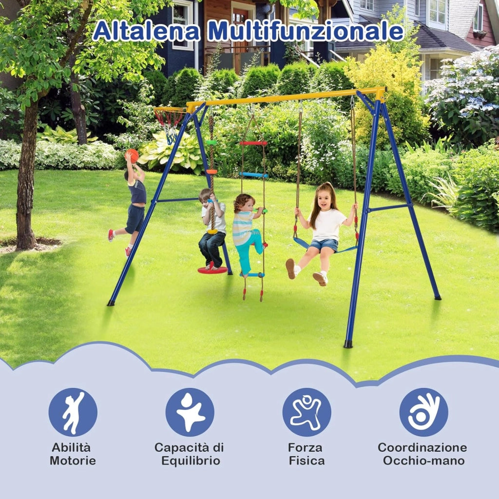 Set Altalena per Bambini Robusta, Set Altalena 4 in 1 con Canestro Basket, Altalena Regolabile, Scala e Disco con Corda, Giochi da Interno ed Esterno per Bambini 3-9 Anni, Portata 300 kg