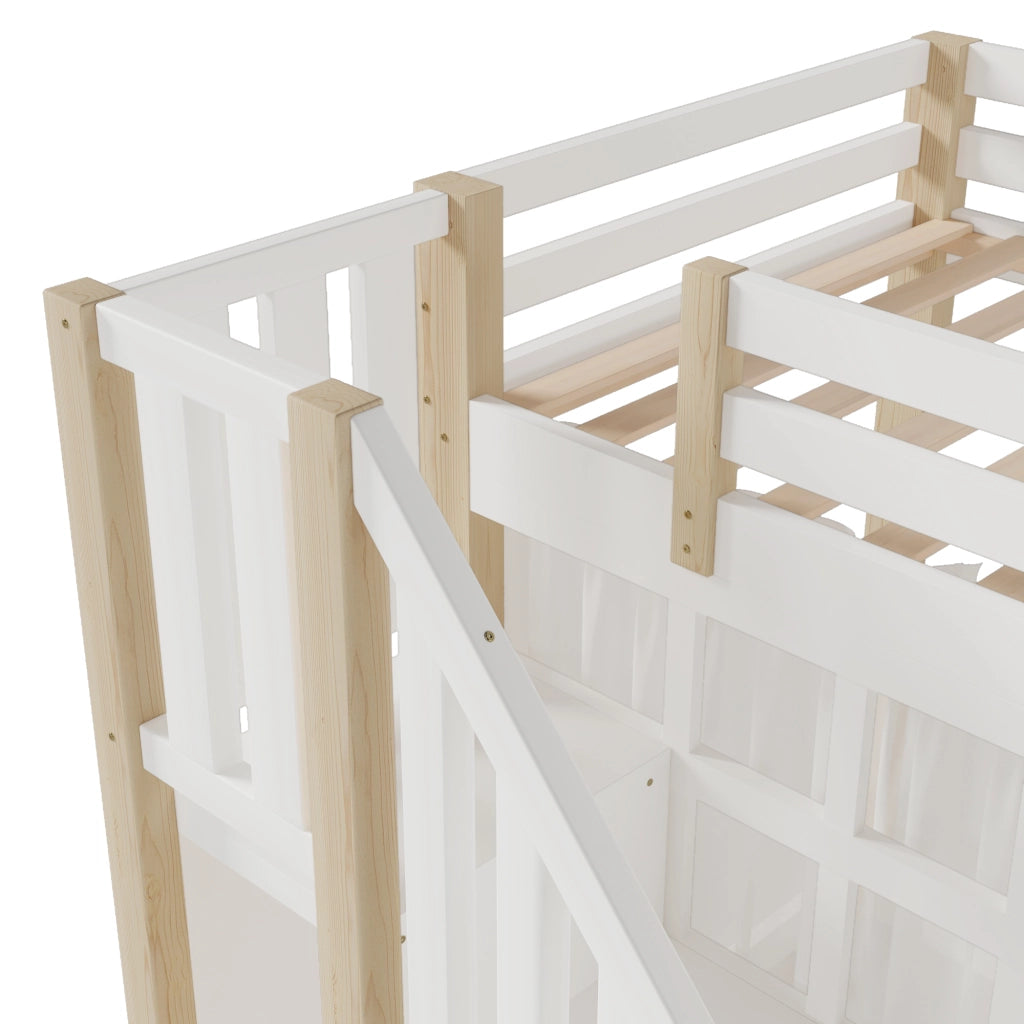 OKWISH Letto a Soppalco 90×200 cm, Letto Singolo con LED, Scala con Contenitore, Vano Aperto e Velo, senza Materasso, Bianco e Naturale