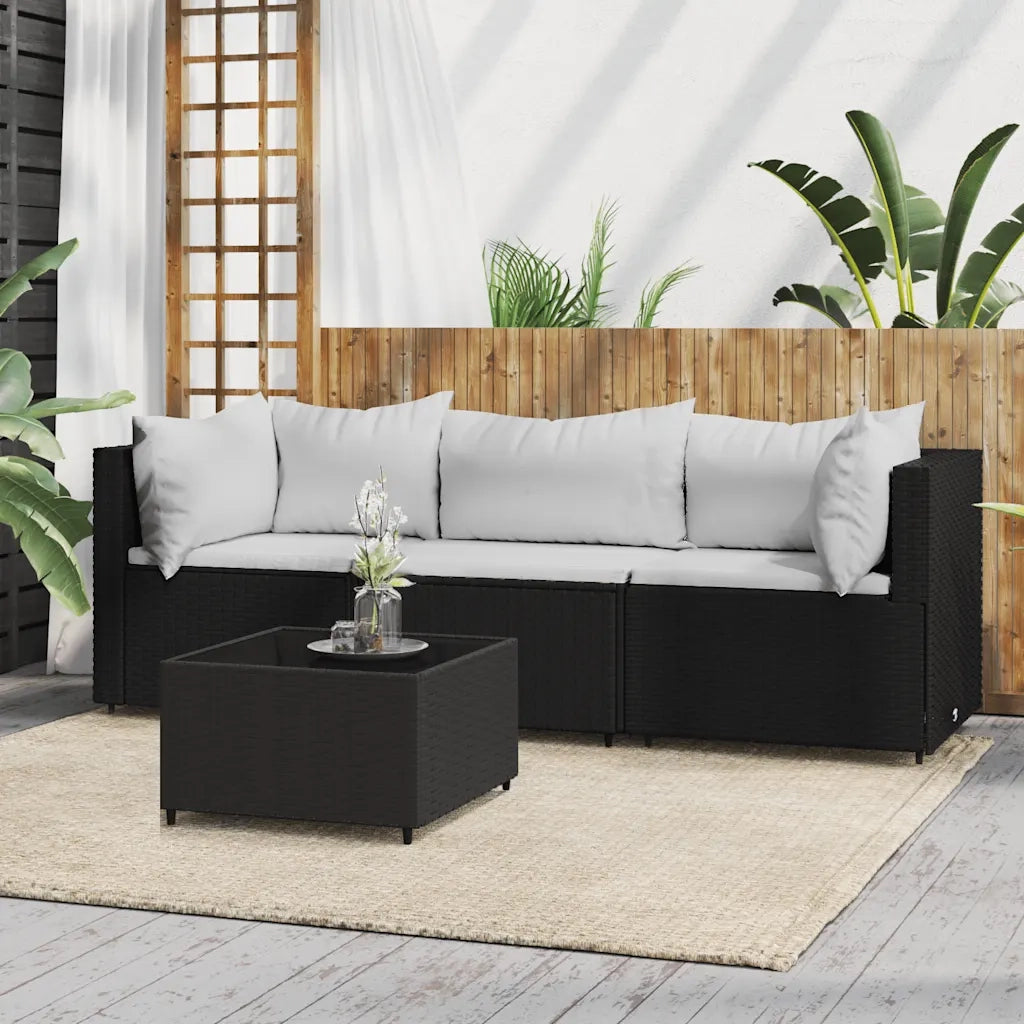 Set Divani da Giardino 4 pz | Set Salotto da Giardino con Cuscini Nero in Polyrattan