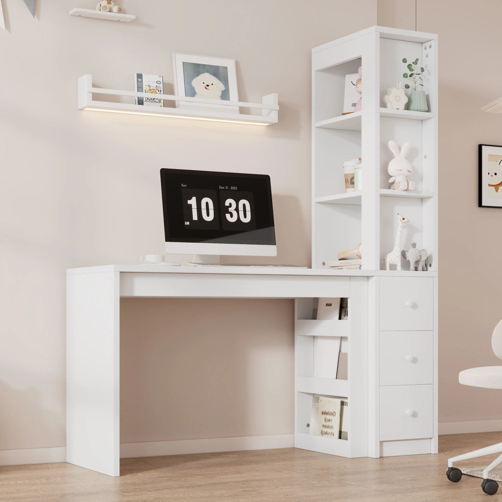 Scrivania bianca con libreria, 3 cassetti e vano laterale 150x50x180 cm