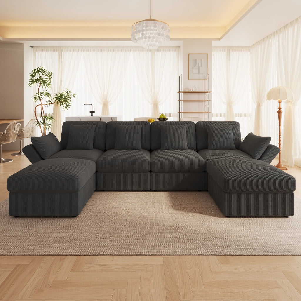 DIVANO ANGOLARE MODULARE 290 x 159,5 x 89 cm in Corda Grigio con 2 Pouf