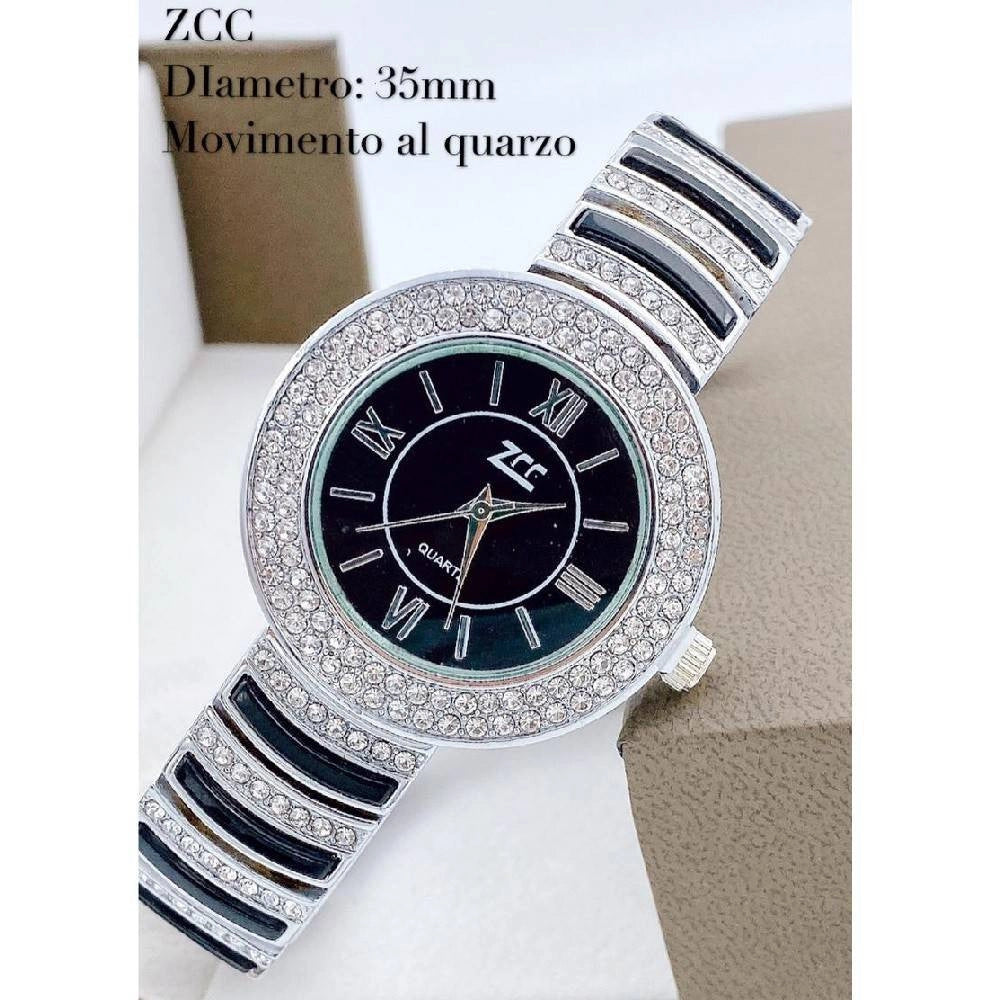 Trade Shop - Orologio Polso Zcc Donna Analogico Quarzo Acciaio Moda Brillantini Silver Nero -