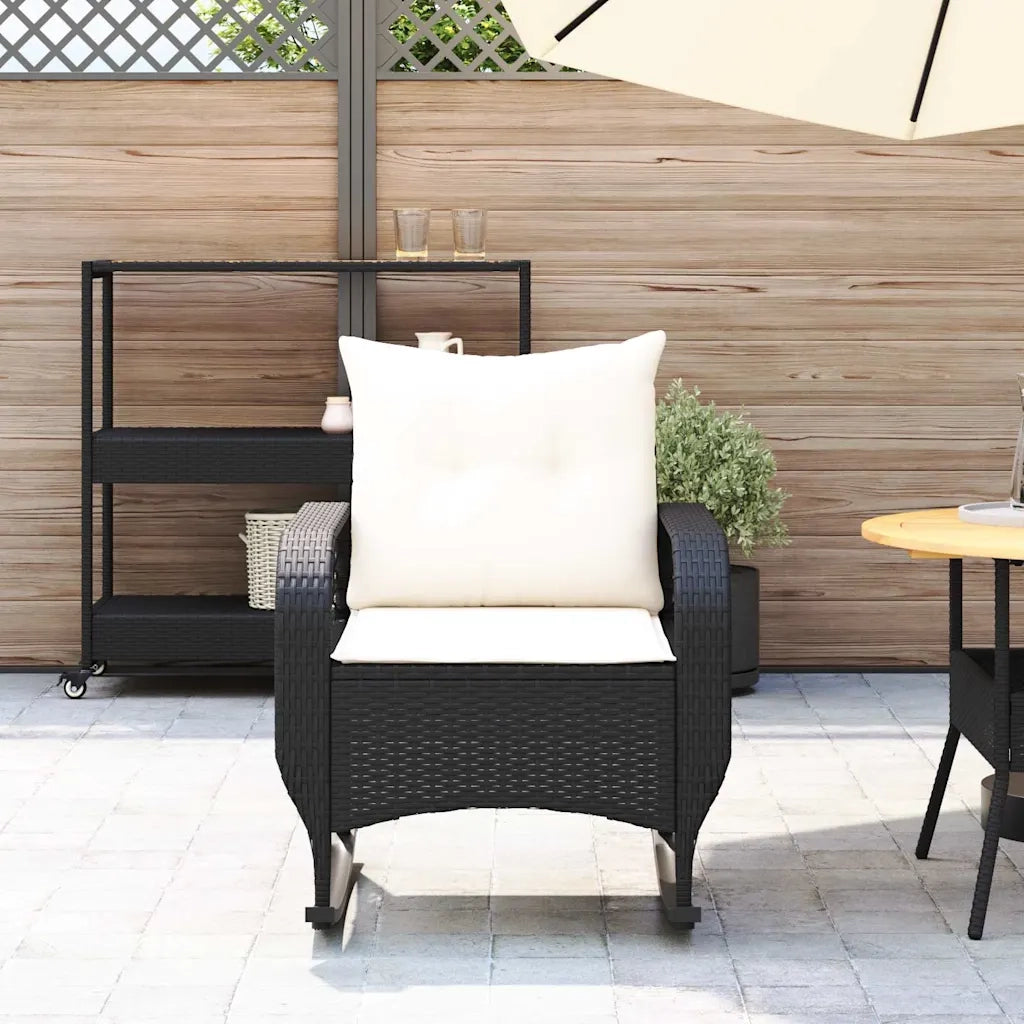 Sedia a Dondolo da Giardino con Cuscini in Polyrattan Nero