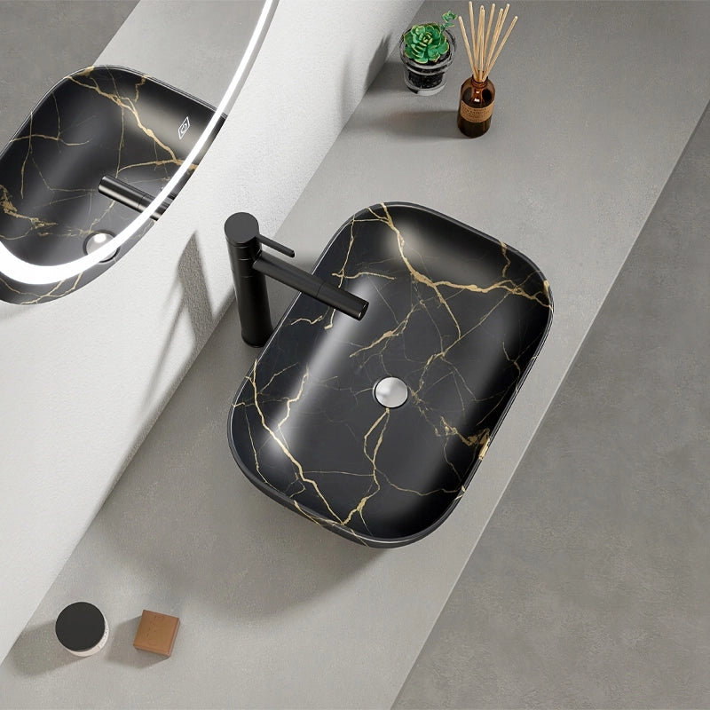 LAVABO DA APPOGGIO NERO OPACO MARMO CON VENE OVAL CERAMICA 46,5x33 CM