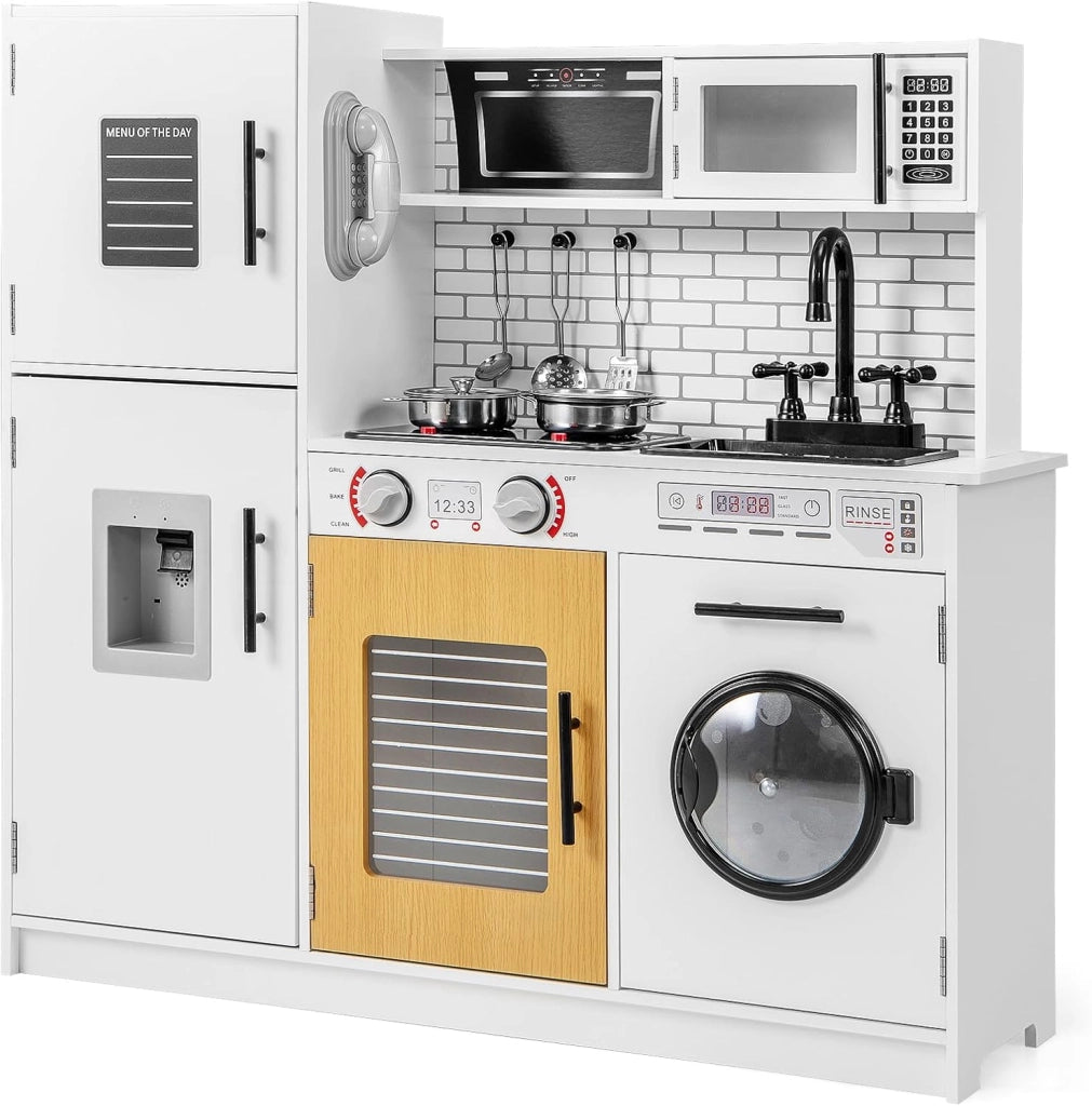 Cucina Giocattolo per Bambini, Cucina Legno per Bambini con Forno, Microonde, Lavatrice, Telefono, Lavello Rimovibile e Rubinetto Rotante, con Luci e Suoni, per Bambini di 3+ Anni (Bianco)