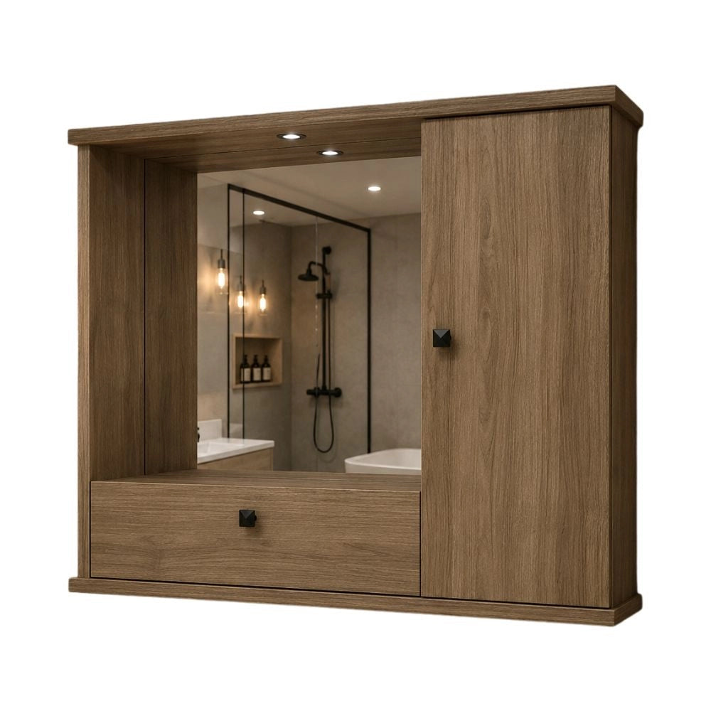 Mobile Bagno Pensile noce naturale con Specchio e Ante 73x14x61H