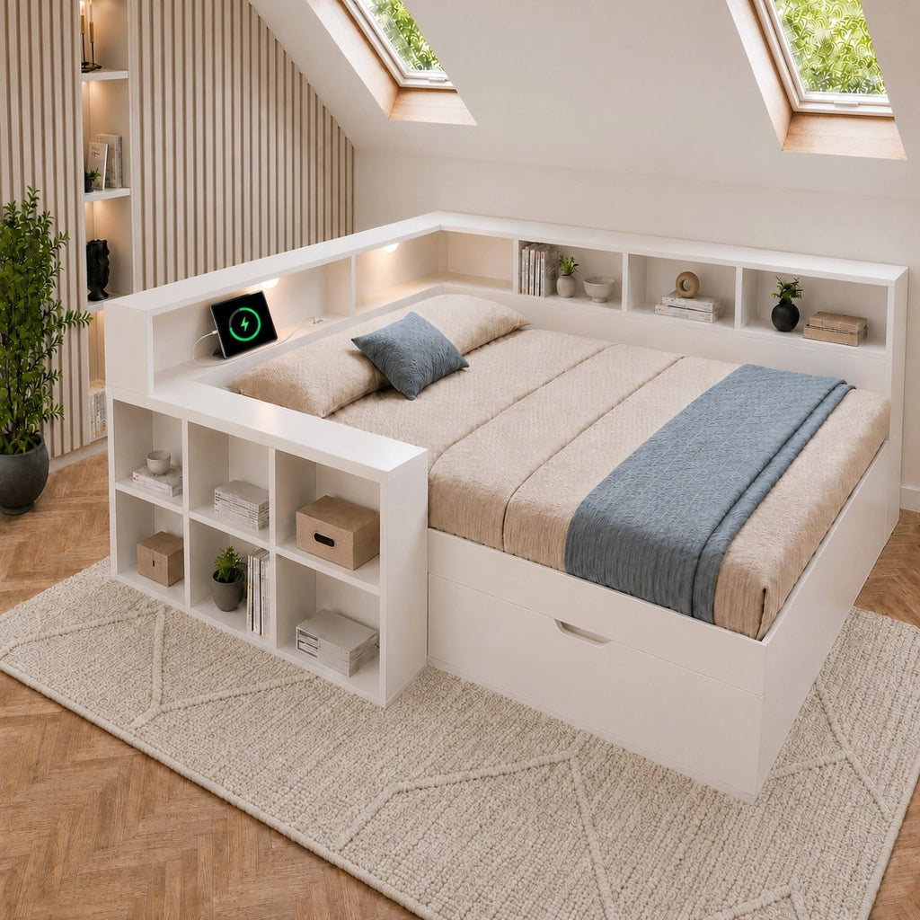 Letto matrimoniale 140x190 cm con cassetti; prese USB e luce; bianco