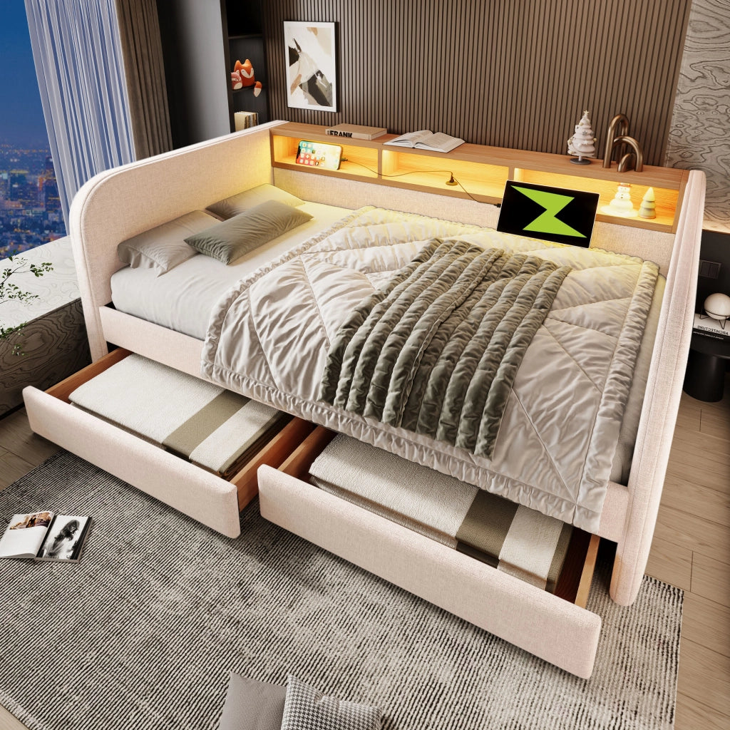 DESMIU Divano letto 140 × 190 cm 2 posti con LED, USB e Type-C, 2 cassetti, senza materasso, in lino, beige