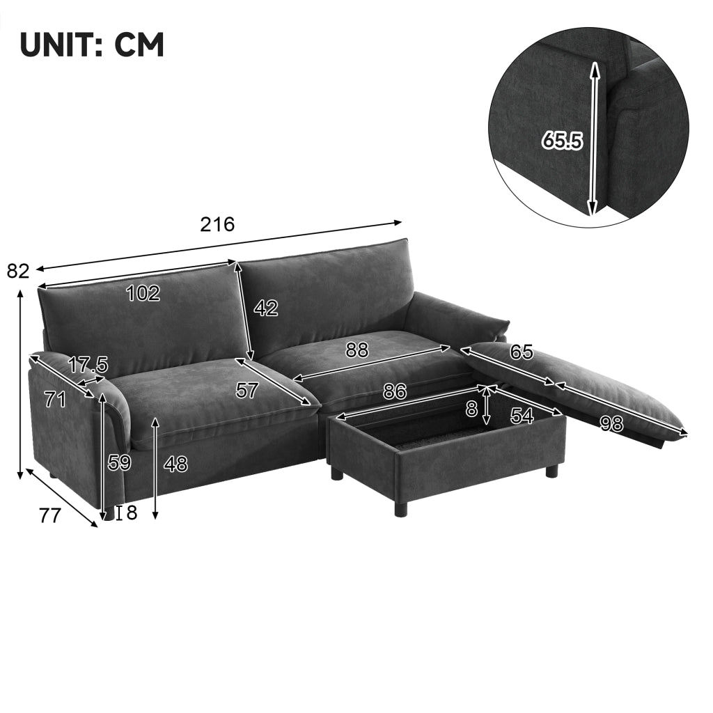 Divano modulare Cloud in chenille nero con pouf contenitore e funzione letto temporaneo
