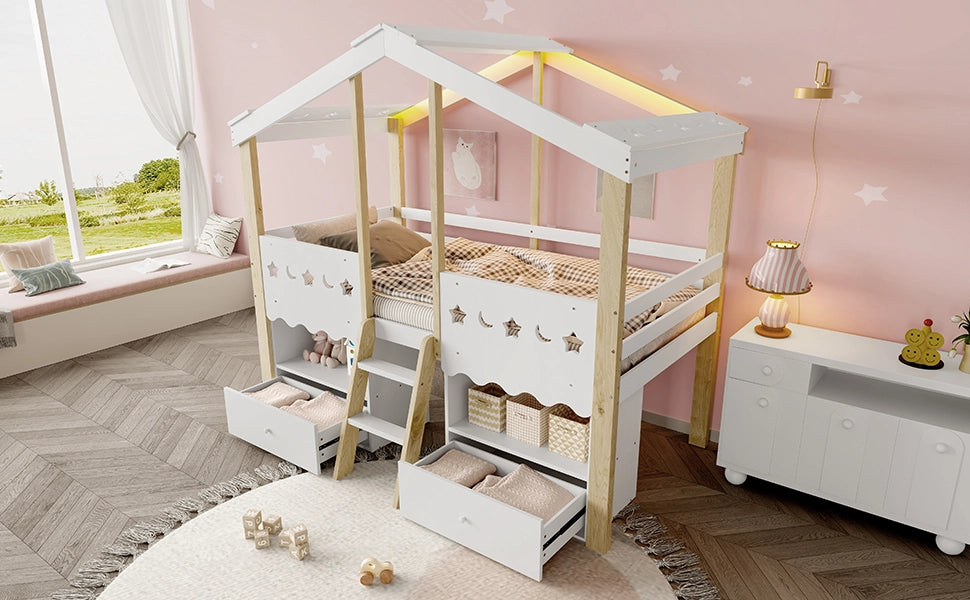 DESMIU Letto a soppalco per bambini 90 × 200 cm 1 posto con 2 cassetti, LED e scaffali, senza materasso