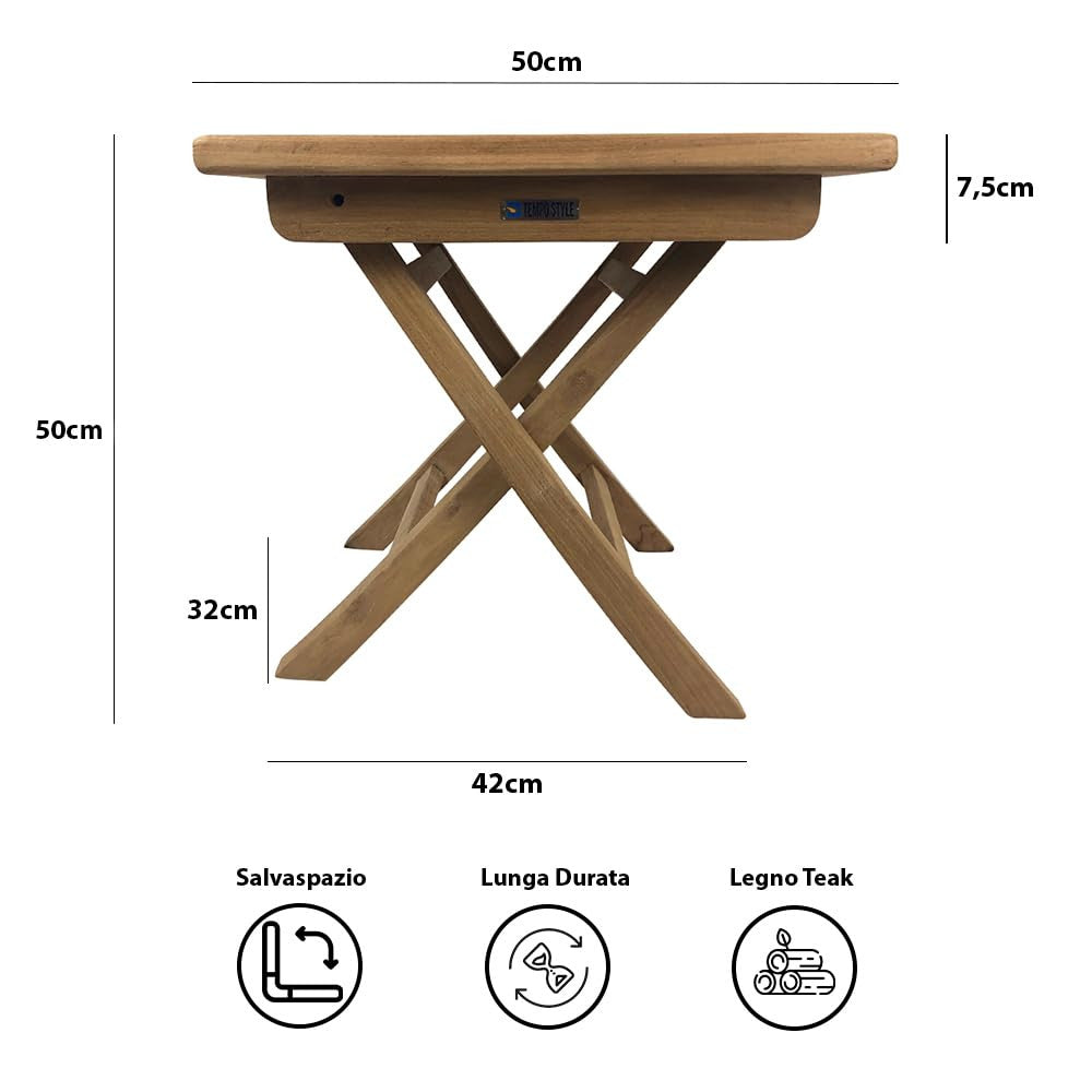 Tavolino Pieghevole Salvaspazio Burraco per Esterno 50x50 cm in Teak