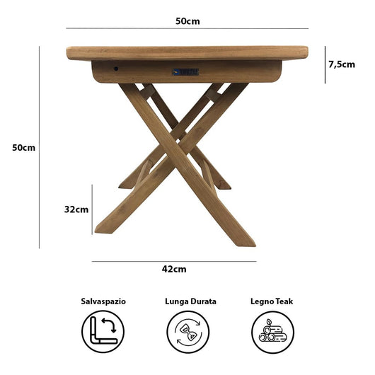 Tavolino Pieghevole Salvaspazio Burraco per Esterno 50x50 cm in Teak