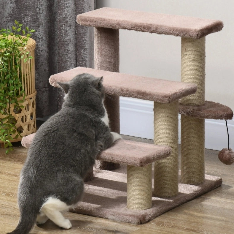 Scala tiragraffi per gatti in legno marrone con pallina
