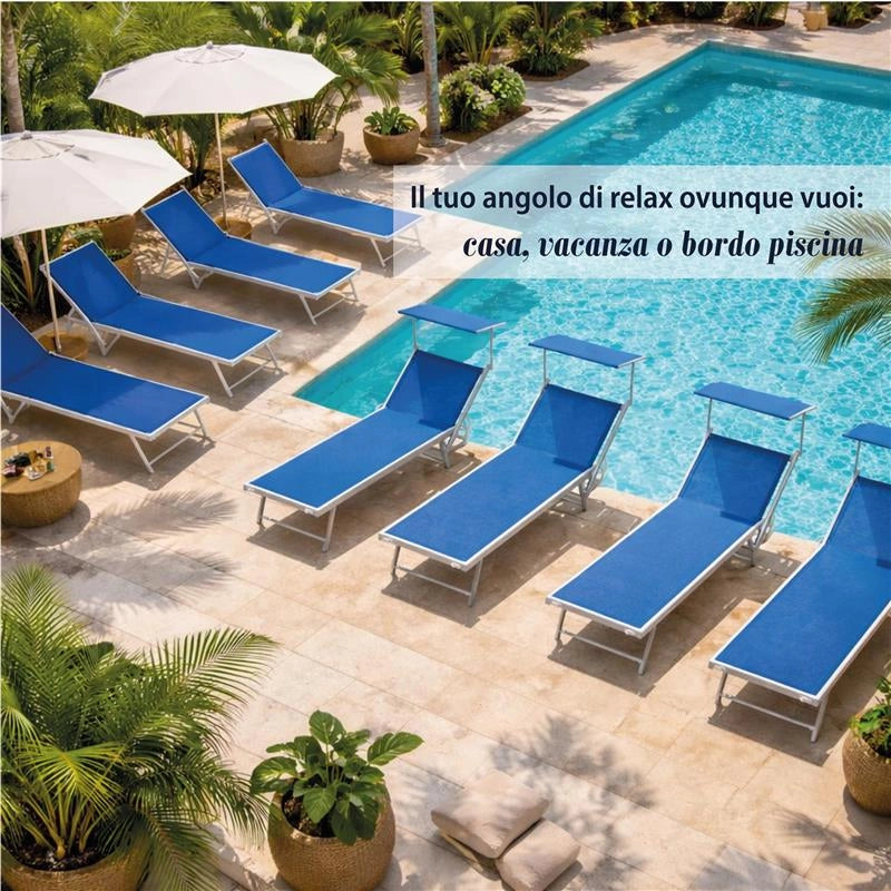 LETTINO RIMINI PRENDISOLE IN ALLUMINIIO CON PARASOLE PIEGHEVOLE 61X183/189X38H CM , COLORE BLU