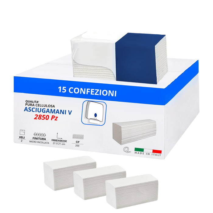 OWIJI Carta Asciugamani Piegata V Monouso Pura Cellulosa Doppio Velo Dimensione 21 cm x 21 cm Salviette Compatibili Resistenti Assorbenti Dispenser Confezioni: 15 Confezioni