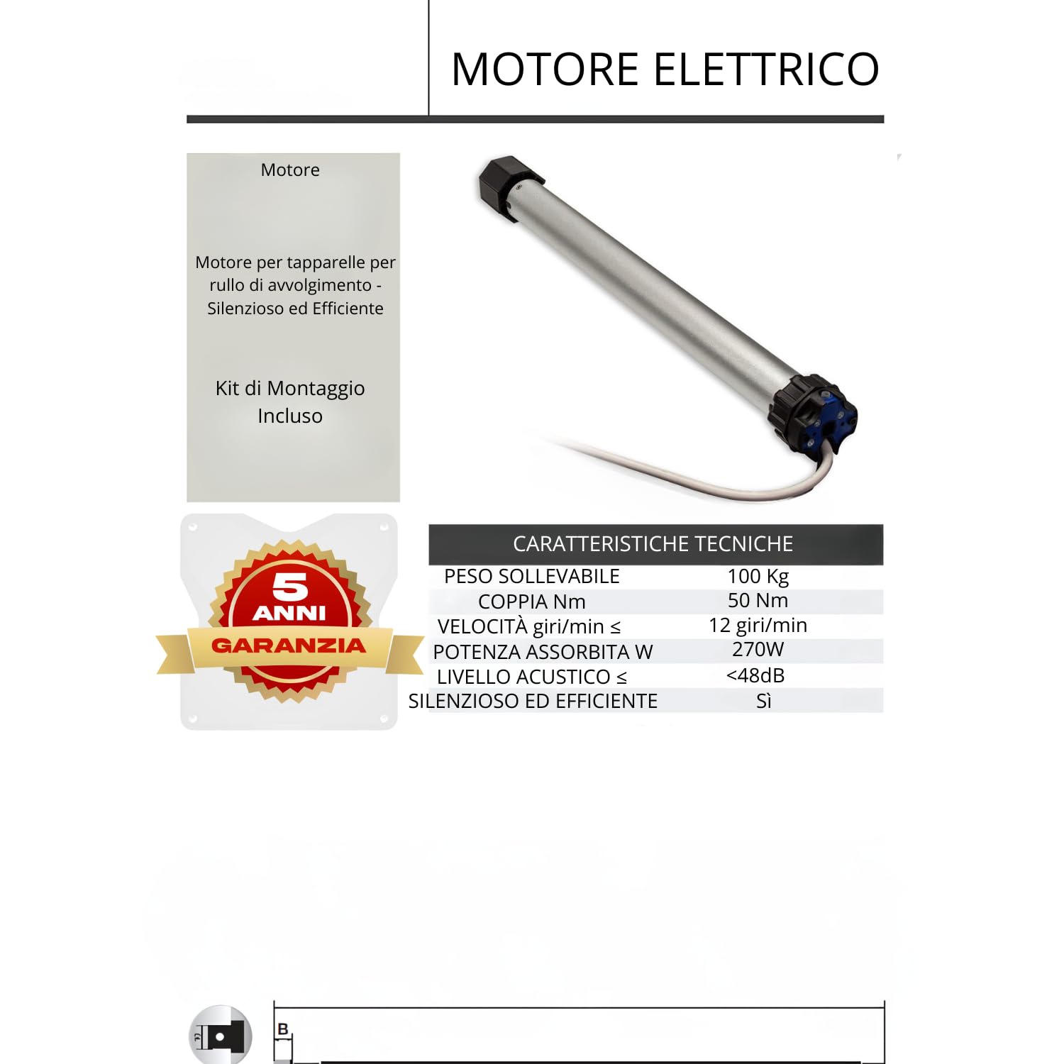 Motore Elettrico Tapparelle Avvolgibile Silenzioso 270W Kit Montaggio Completo Casa Ufficio Quantità: 1 Unita, NM: 50
