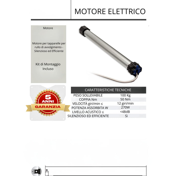 Motore Elettrico Tapparelle Avvolgibile Silenzioso 270W Kit Montaggio Completo Casa Ufficio Quantità: 1 Unita, NM: 50