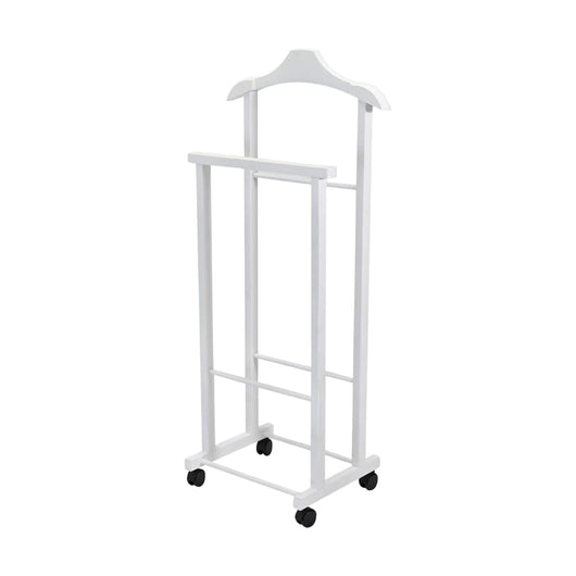OWIJI Indossatore Appendiabiti Legno Faggio Rotelle Servo Muto Doppio Dimensioni 45 x 30 x 95 cm Appendiabiti Vestiti Camera Letto Cabina Armadio Colore: Bianco, Unità: 1 Unità