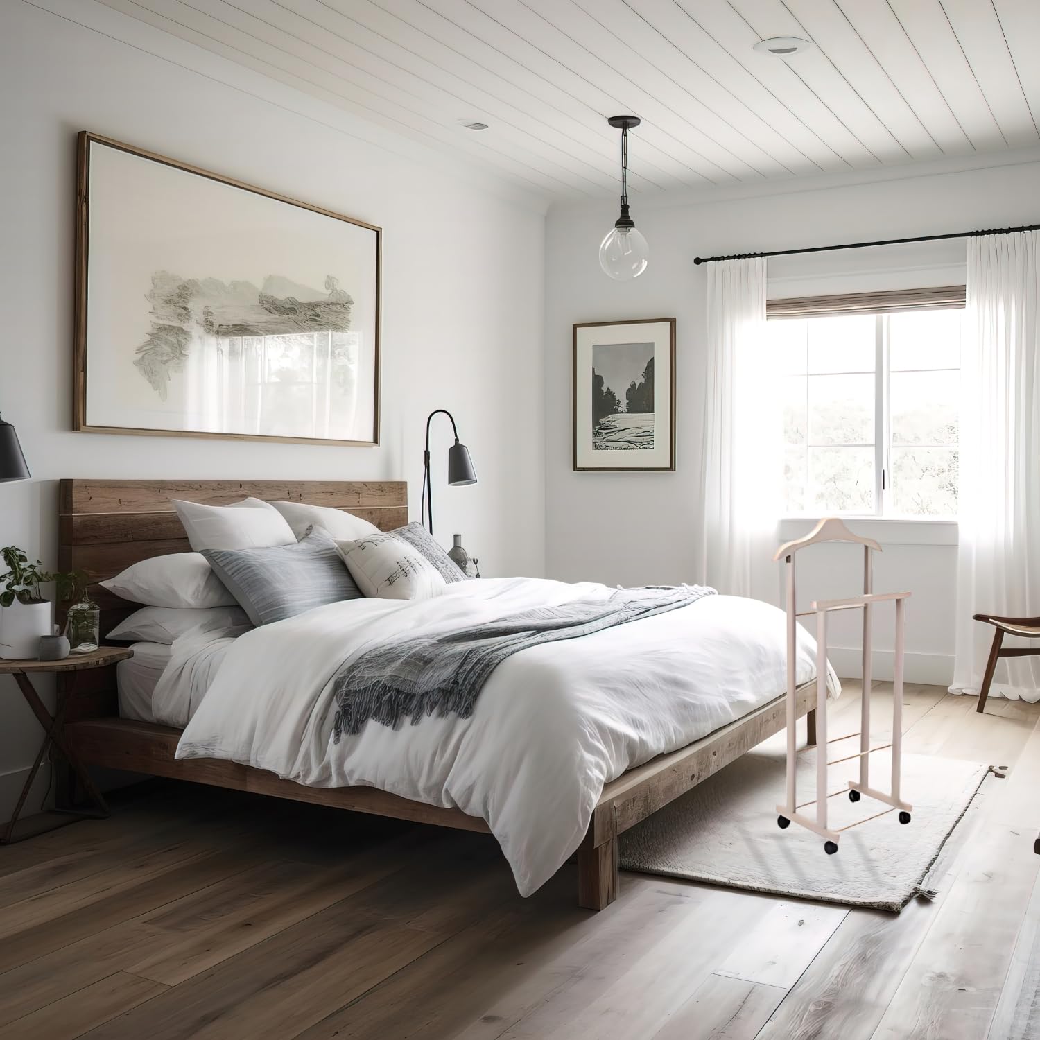 OWIJI Indossatore Appendiabiti Legno Faggio Rotelle Servo Muto Doppio Dimensioni 45 x 30 x 95 cm Appendiabiti Vestiti Camera Letto Cabina Armadio Colore: Grigio, Unità: 1 Unità