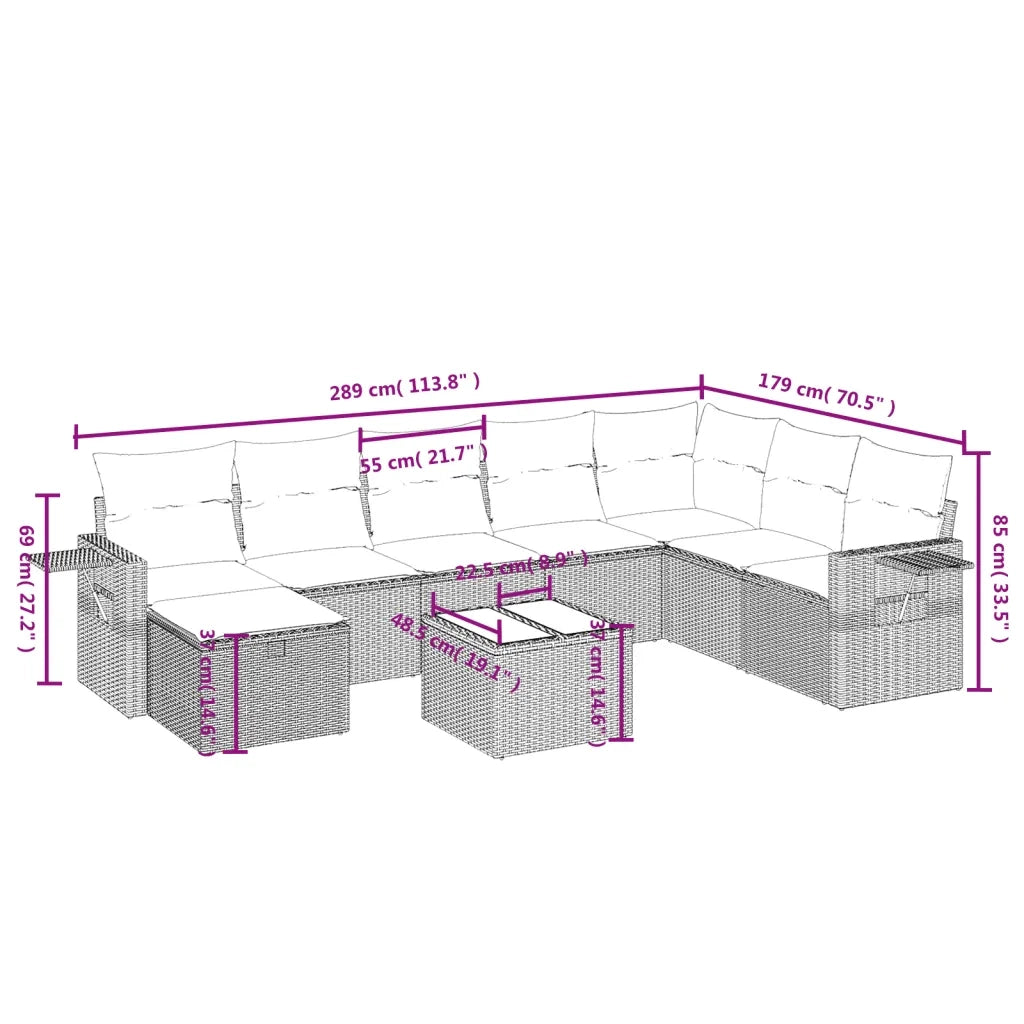 Set Divano da Giardino 9 pz con Cuscini Grigio in Polyrattan 3263906