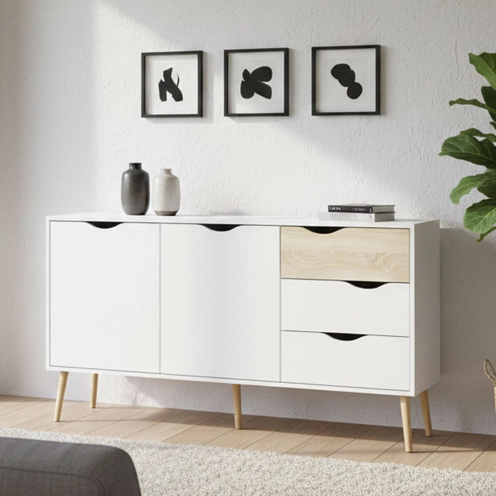 Credenza a due ante e tre Animato, colore bianco e rovere, Misure 147 x 81 x 39 cm