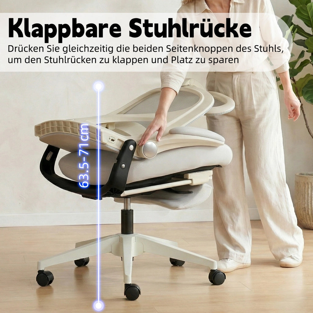 Sedia da ufficio ergonomica pieghevole con supporto lombare, poggiatesta 3D e funzione di inclinazione in schiuma grigio