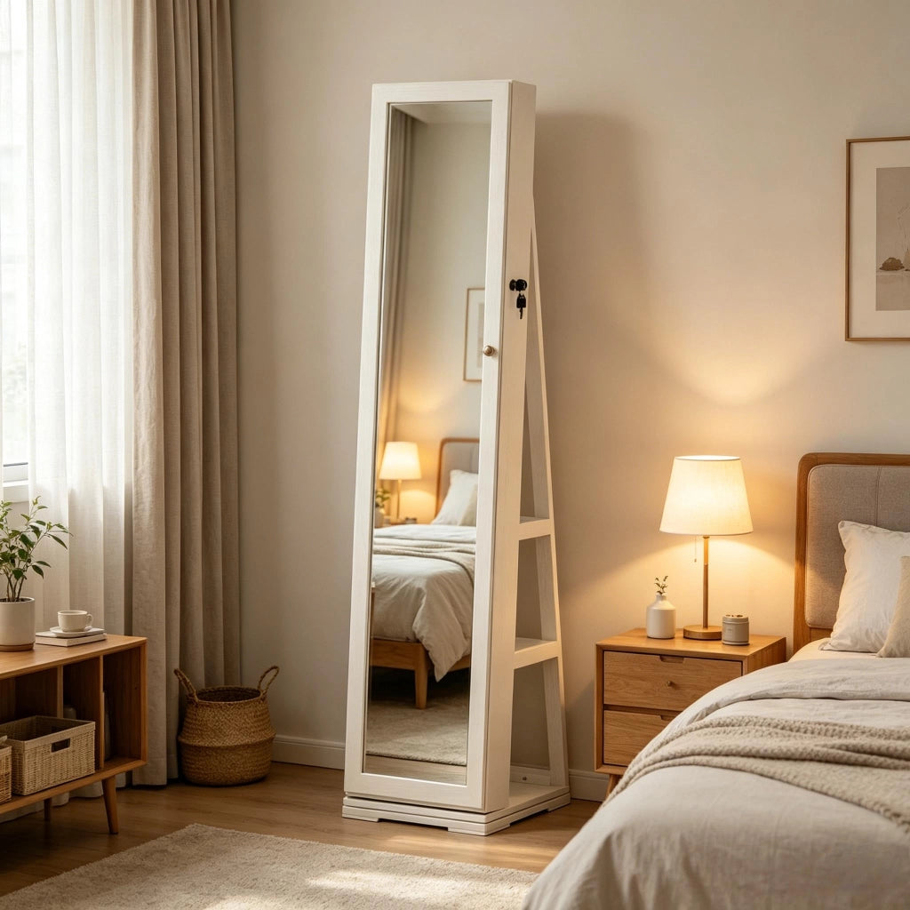 SPECCHIO Portagioie girevole 38x38x160 cm MDF Bianco con serratura