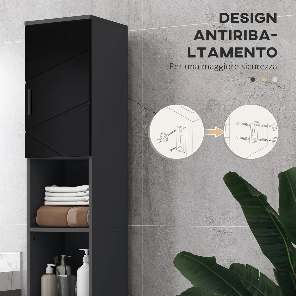 Colonna Bagno ¨C zephmum ¨C Truciolato, 2 Ripiani Aperti, 2 Armadietti, 30x30x183 cm, Nero e Grigio