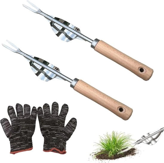 Strumento per la rimozione delle erbacce manuale 2 pezzi - Acciaio inossidabile - Accessori per giardino con guanti - Ideale regalo per giardinieri