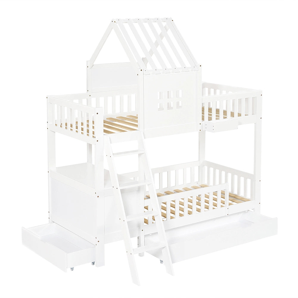 Letto a castello con tetto - Xylo - 90x200cm bianco, tavolo lettura